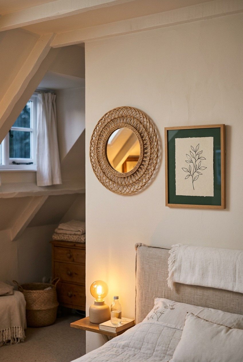 Pairing A Round Woven Mirror With A Botanical Print