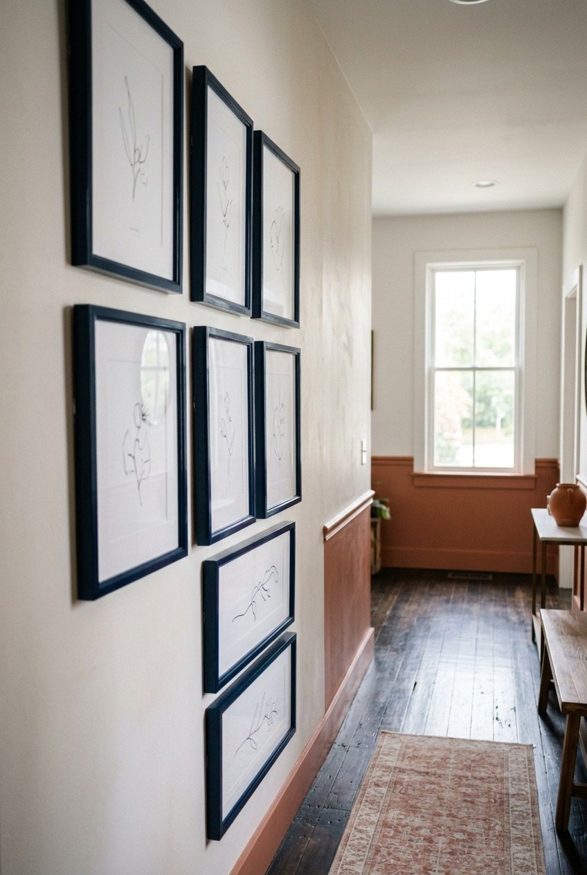 A Tight Grid Of Dark Frames On A Two Tone Wall