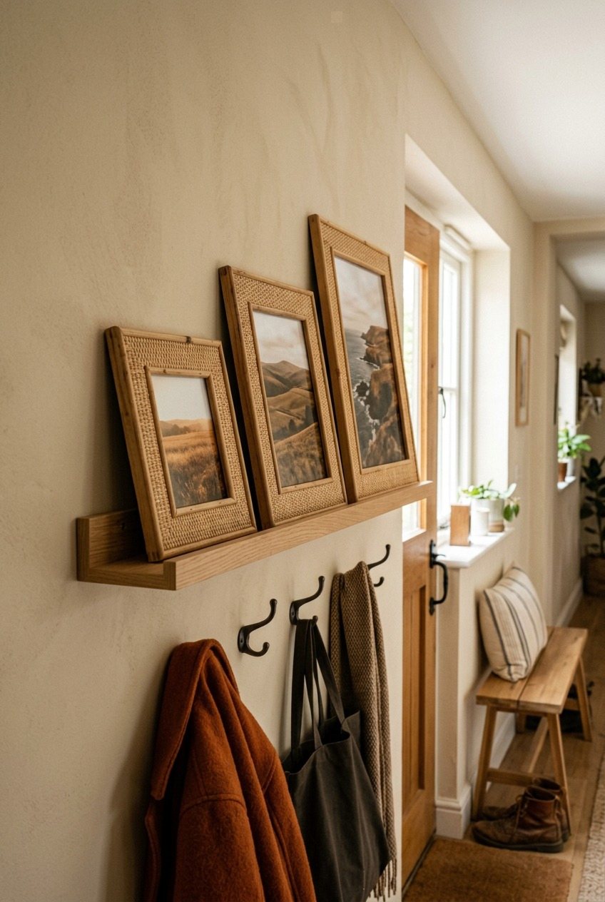 A Picture Ledge Shelf Over A Row Of Coat Hooks