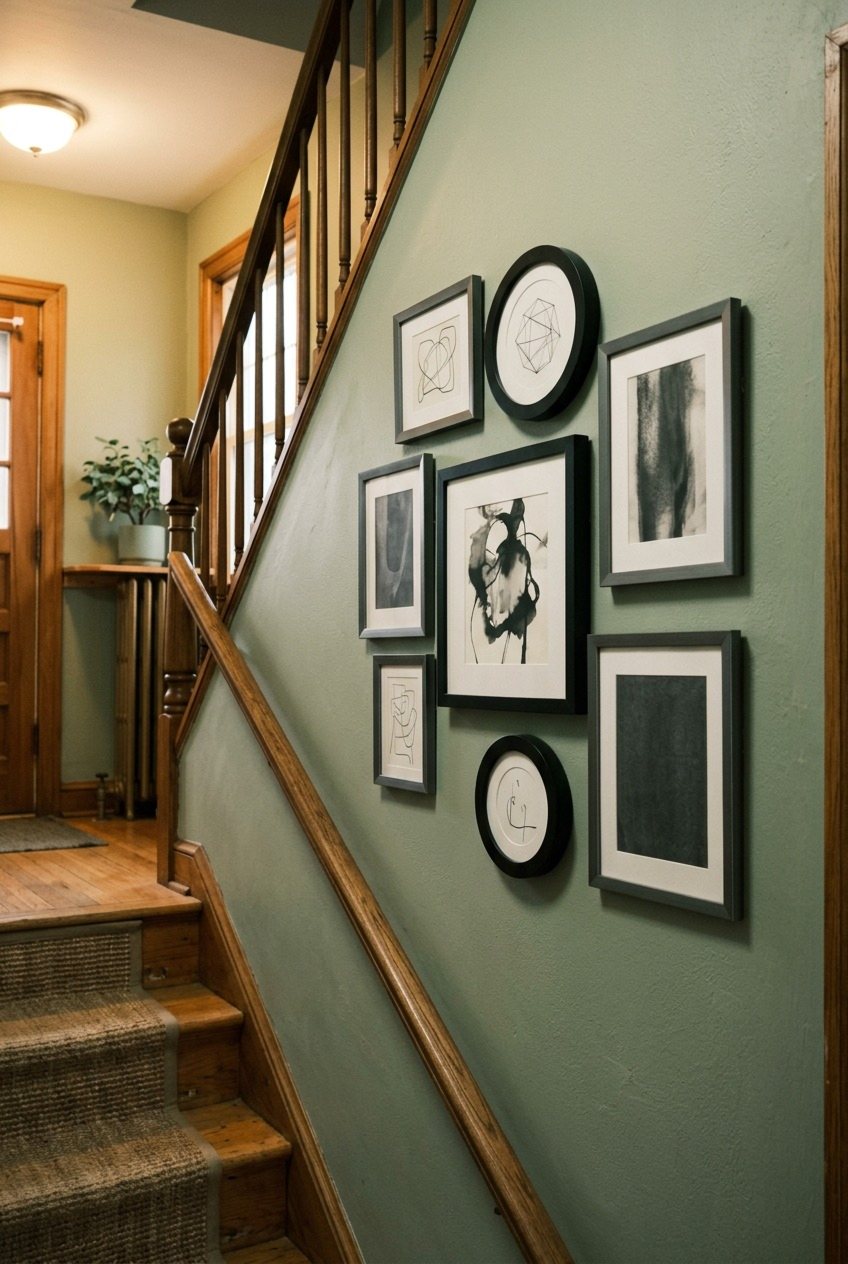 Round And Rectangular Frames Clustered Beside The Stairs