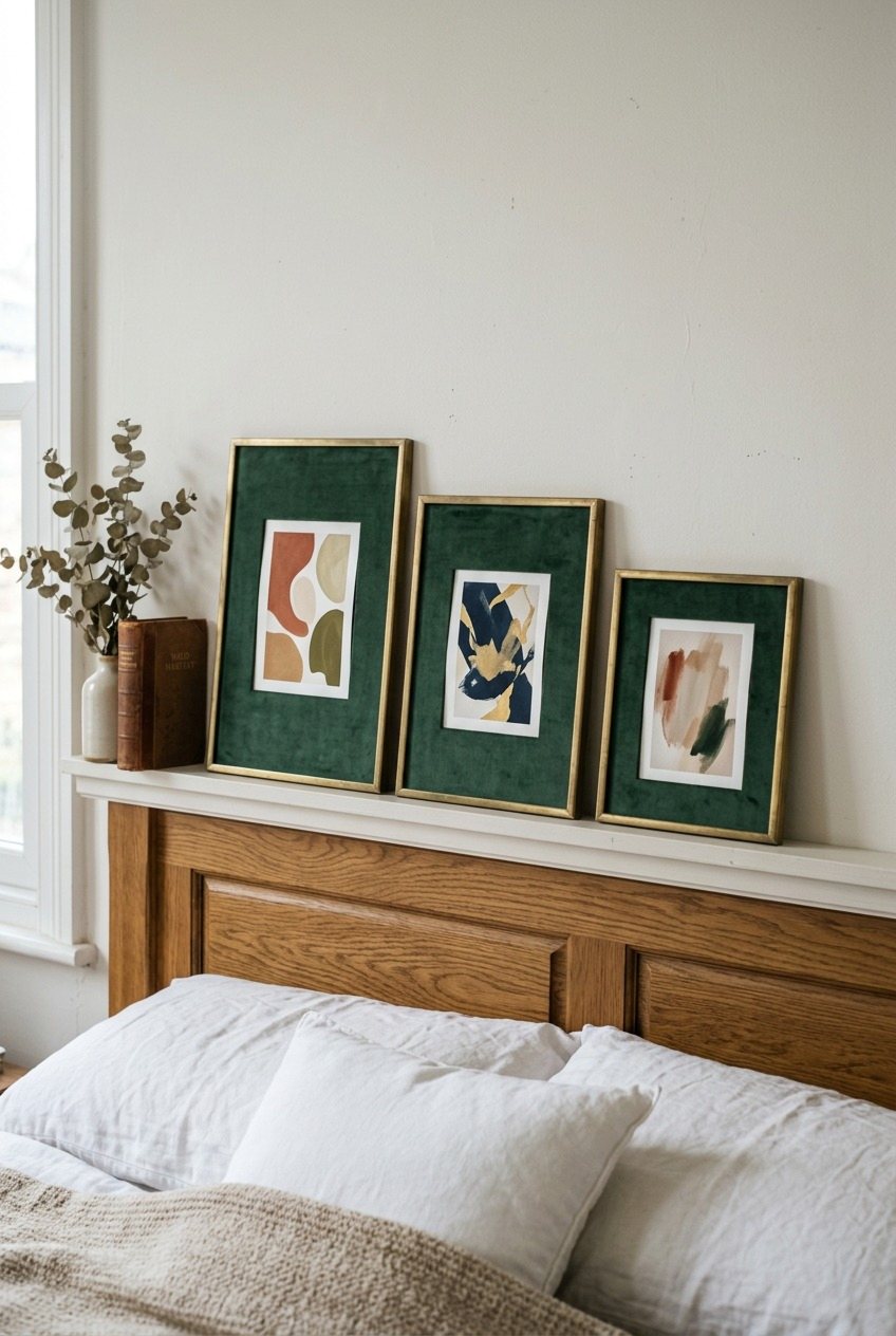 Three Matching Frames On A Headboard Ledge