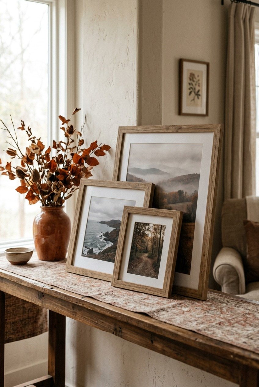 No Ledge Needed: Three Leaning Frames On A Console