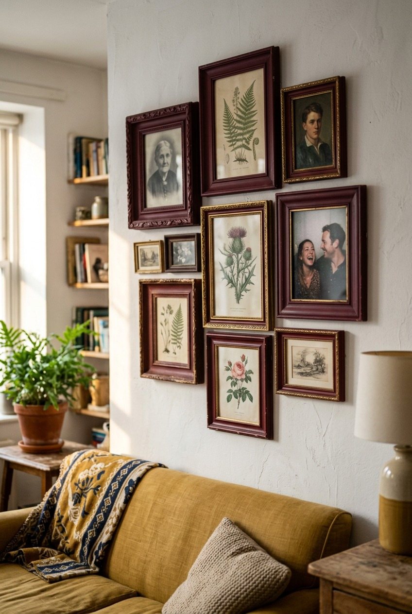 Matching Burgundy Frames In A Tight Salon Cluster