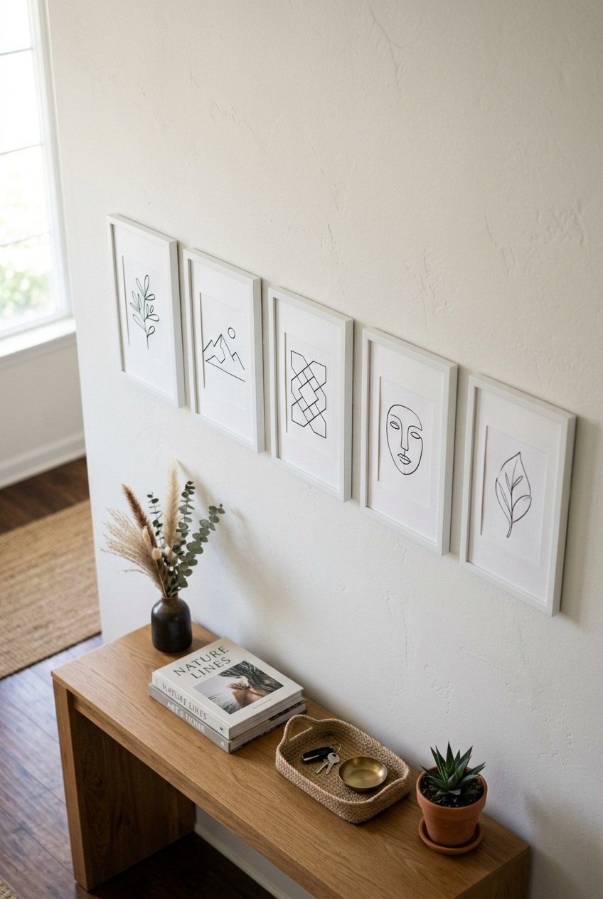 A Single Row Of Five Matching Line Art Prints