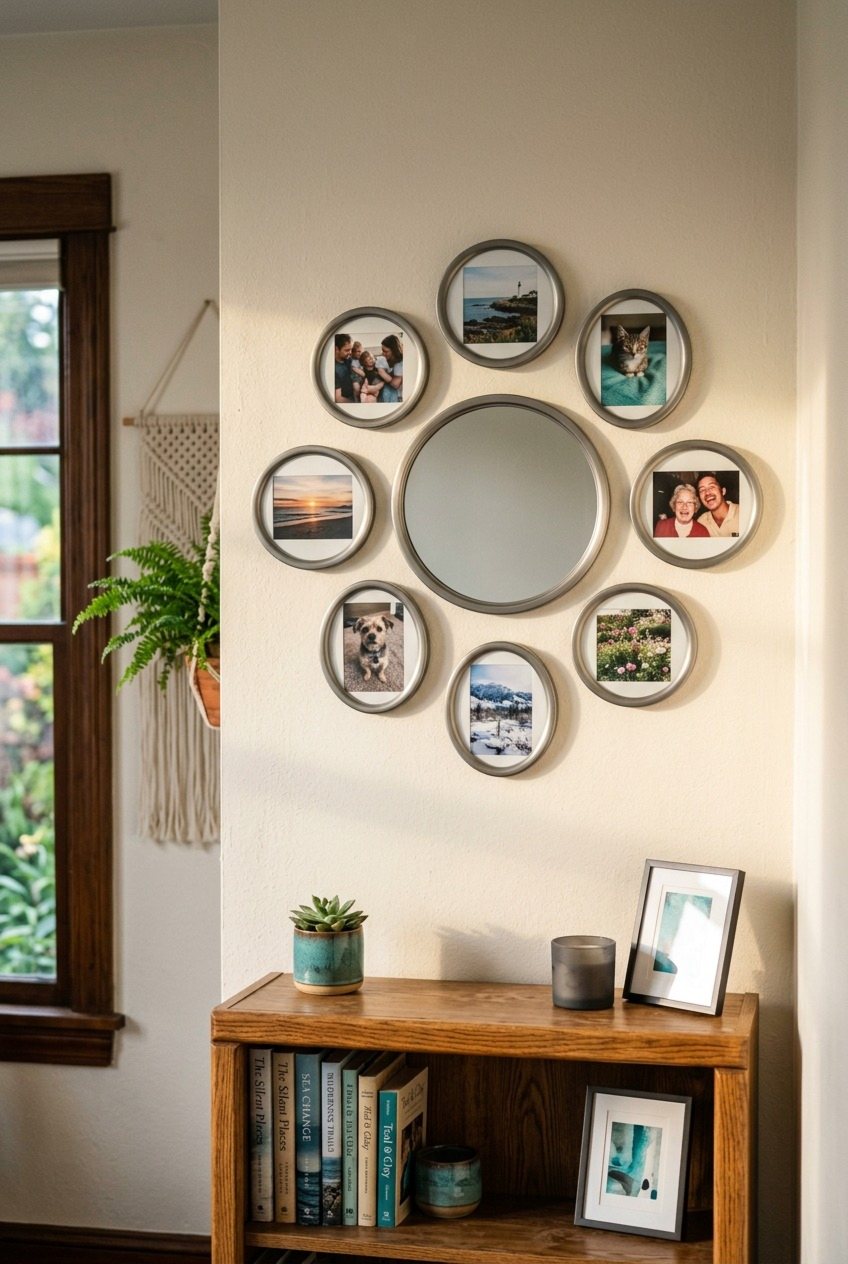 A Sunburst Of Round Frames Around A Central Mirror