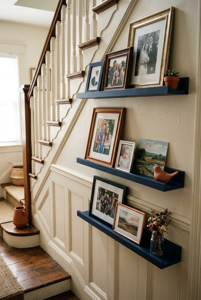 Stacked Navy Ledges That Climb With The Stairs